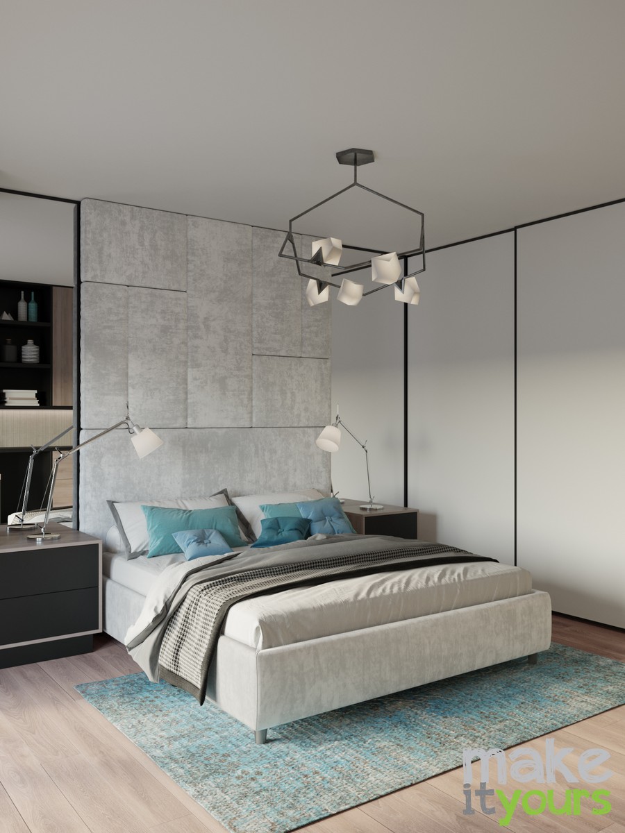 Zdjęcie przedstawia sypialnię z dużym łóżkiem, w kolorach jasnych szarości, z dodatkami w odcieniach błękitu.Stylizacja według projektu wnętrz mieszkania biura projektowania wnętrz Make It Yours