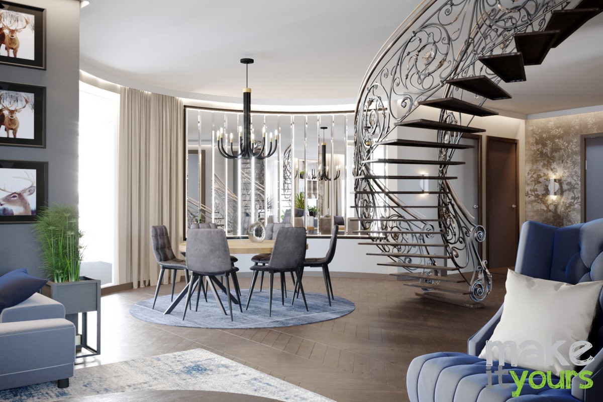 Zdjęcie stylowego salonu ze zdobionymi schodami w domu zaprojektowanym przez biuro projektowania wnętrz Make It Yours