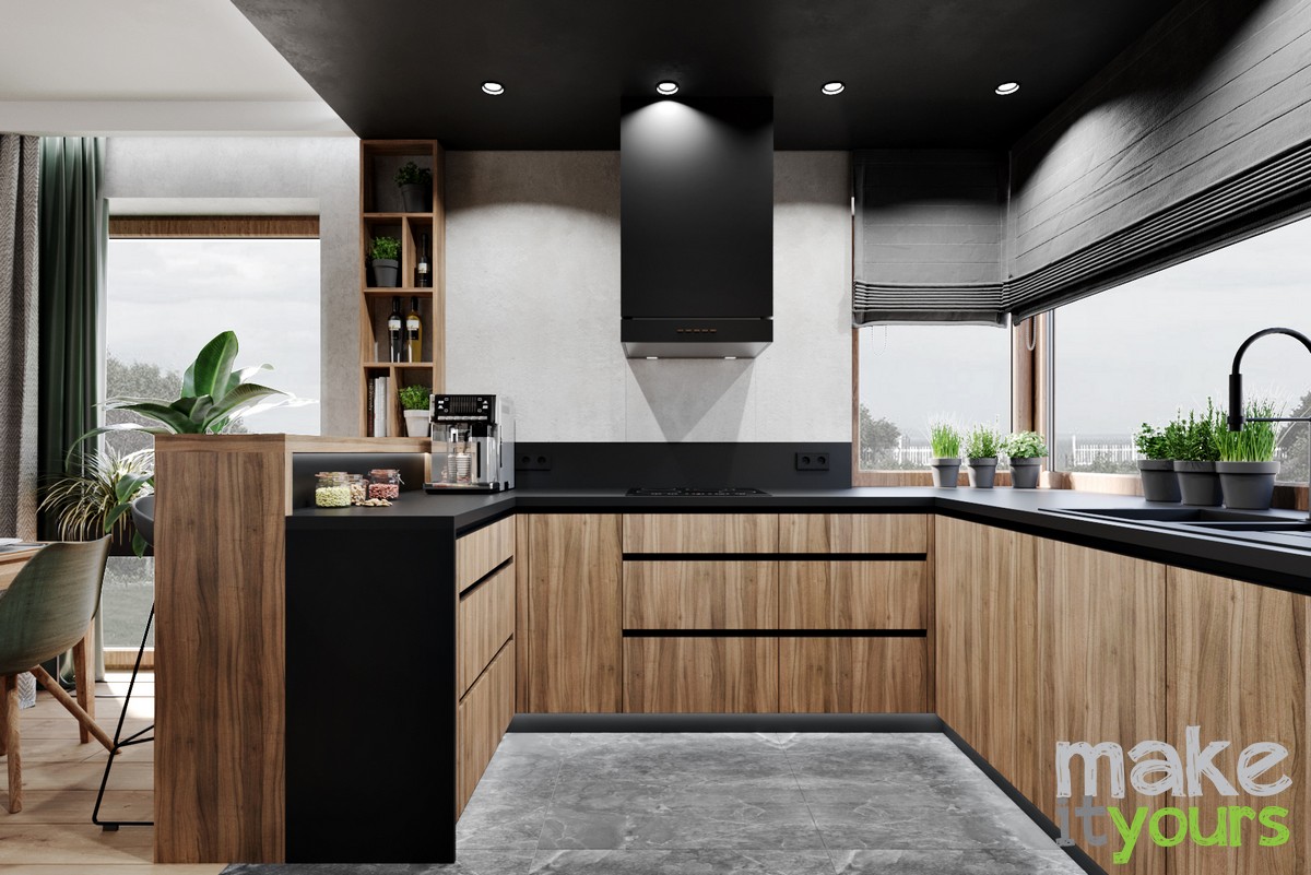 Zdjęcia aranżacji wnętrz nowoczesnego domu. Drewniana kuchnia z czarnymi dodatkami. Projekt wnętrz wykonany przez biuro projektowania wnętrz Make It Yours