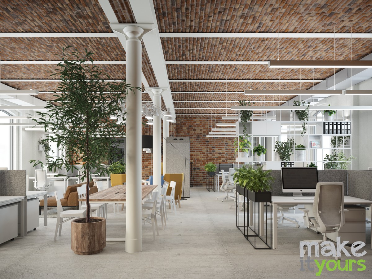 Zdjęcie przedstawia open space w kompleksie biurowym Fabryka czekolady w Katowicach zaprojektowaną przez studio projektowe Make It Yours