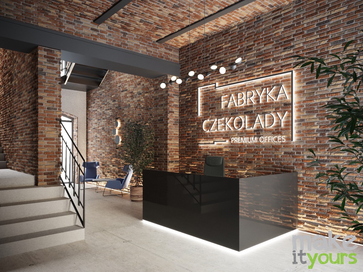 Zdjęcie przedstawia recepcję w kompleksie biurowym Fabryka czekolady w Katowicach zaprojektowaną przez studio projektowe Make It Yours