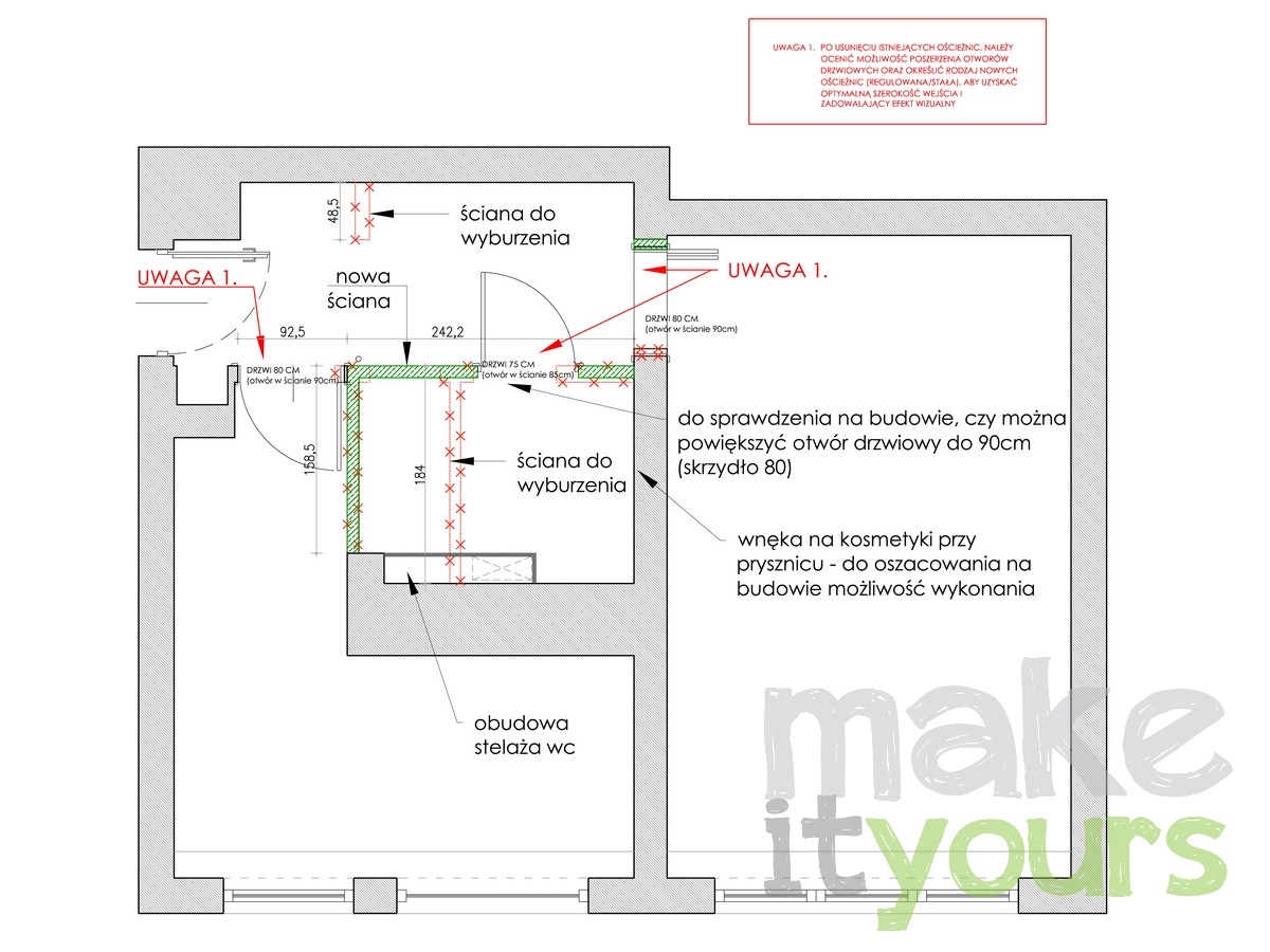 Projekt wykonawczy wnętrz mieszkania, rzut wyburzeń i domurowań wykonany przez Make It Yours, Biuro projektowanie wnętrz z Krakowa