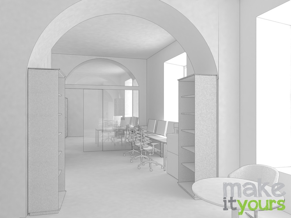 uproszczona monochromatyczna wizualizacja pomieszczenia w Konsulacie USA wykonany przez biuro projektowania wnętrz Make It Yours