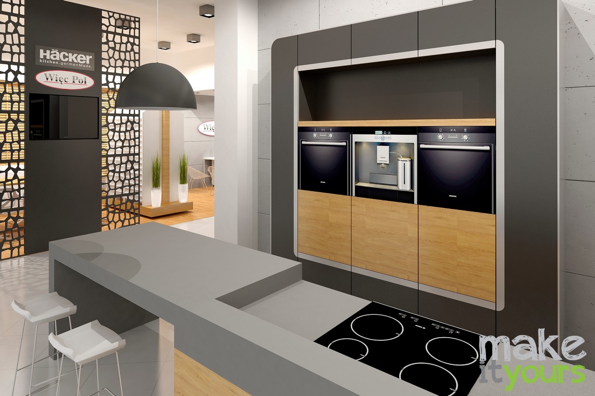 Zdjęcie przedstawia aranżację wnętrz studio mebli kuchennych firmy Więcpol w Rzeszowie. Projekt wykonany przez biuro Make It Yours