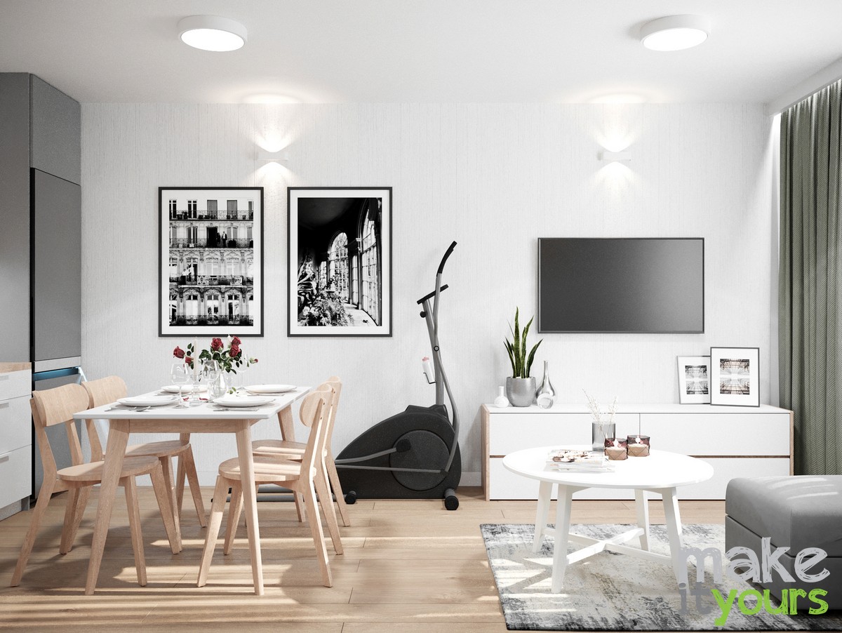 zdjęcie przedstawia salon z aneksem kuchennym w małym mieszkaniu w Krakowie. Projekt wnętrz od Make It Yours