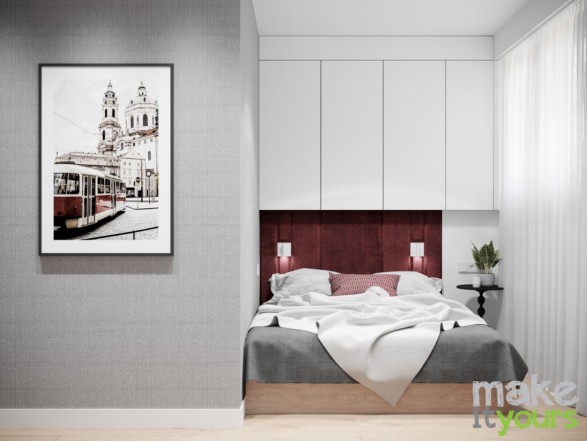 zdjęcie przedstawia sypialnię w małym mieszkaniu w Krakowie. Projekt wnętrz od Make It Yours