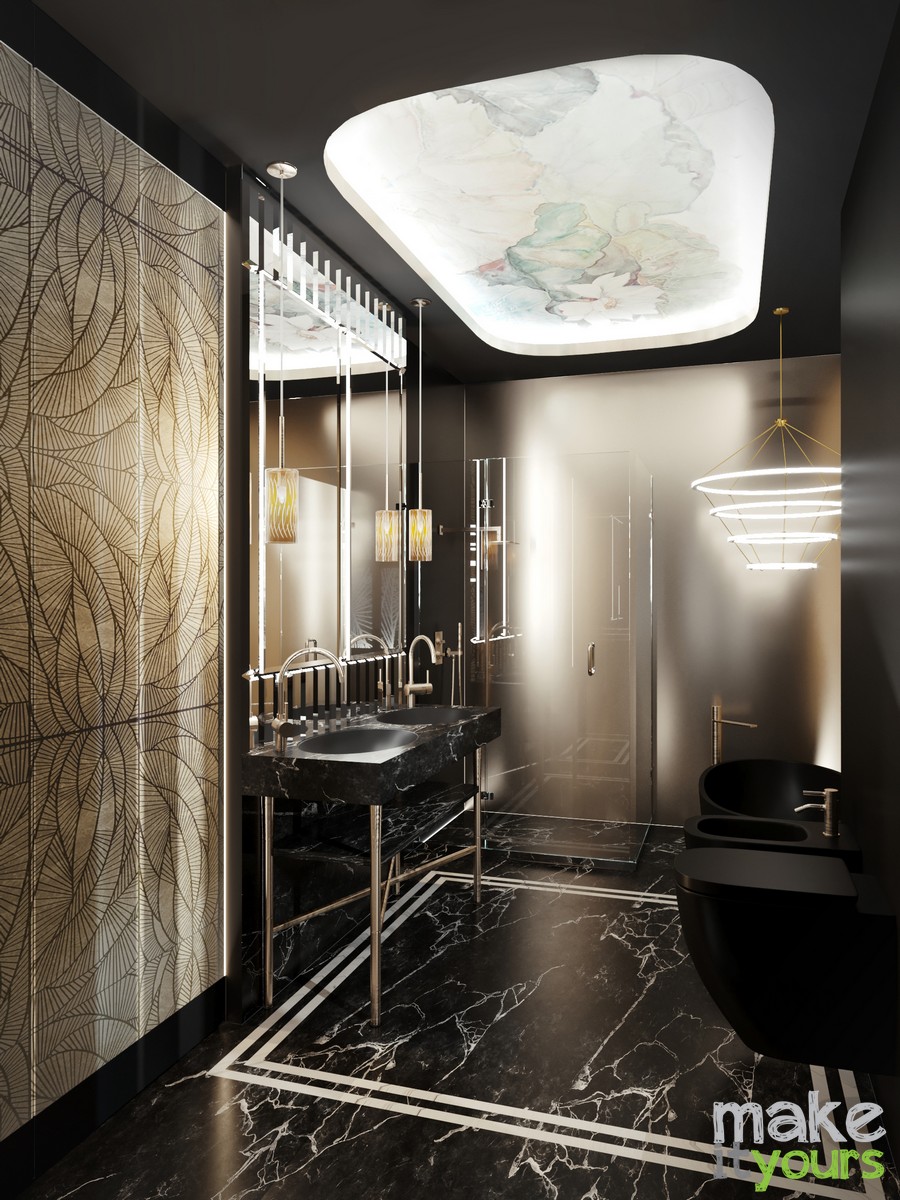 Zdjęcie przedstawia czarną łazienkę w apartamencie w stylu glamour według aranżacji biura projektowania wnętrz Make It Yours