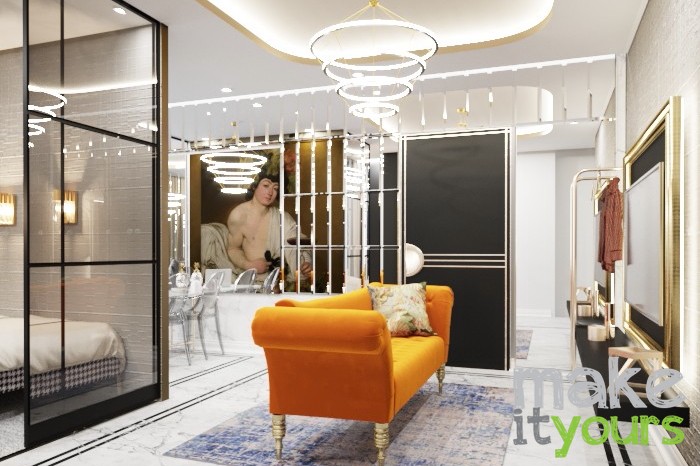 Zdjęcie przedstawia apartament w stylu glamour według aranżacji biura projektowania wnętrz Make It Yours