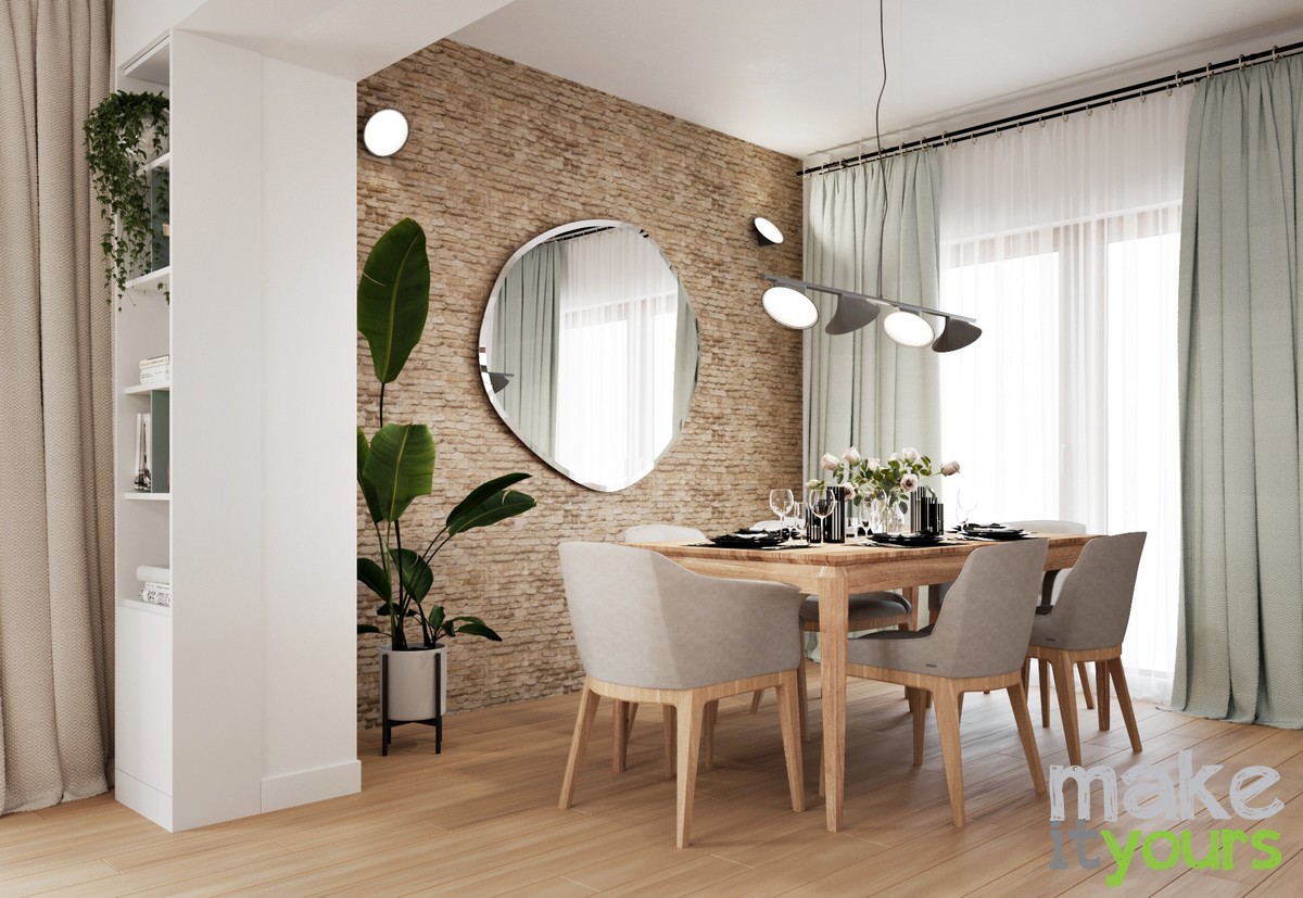 Zdjęcie przedstawia projektu salonu z jadalnią autorstwa biura projektowania wnętrz Make It Yours z Krakowa