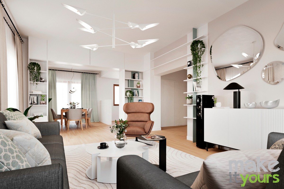 Zdjęcie przedstawia projektu salonu z jadalnią autorstwa biura projektowania wnętrz Make It Yours z Krakowa