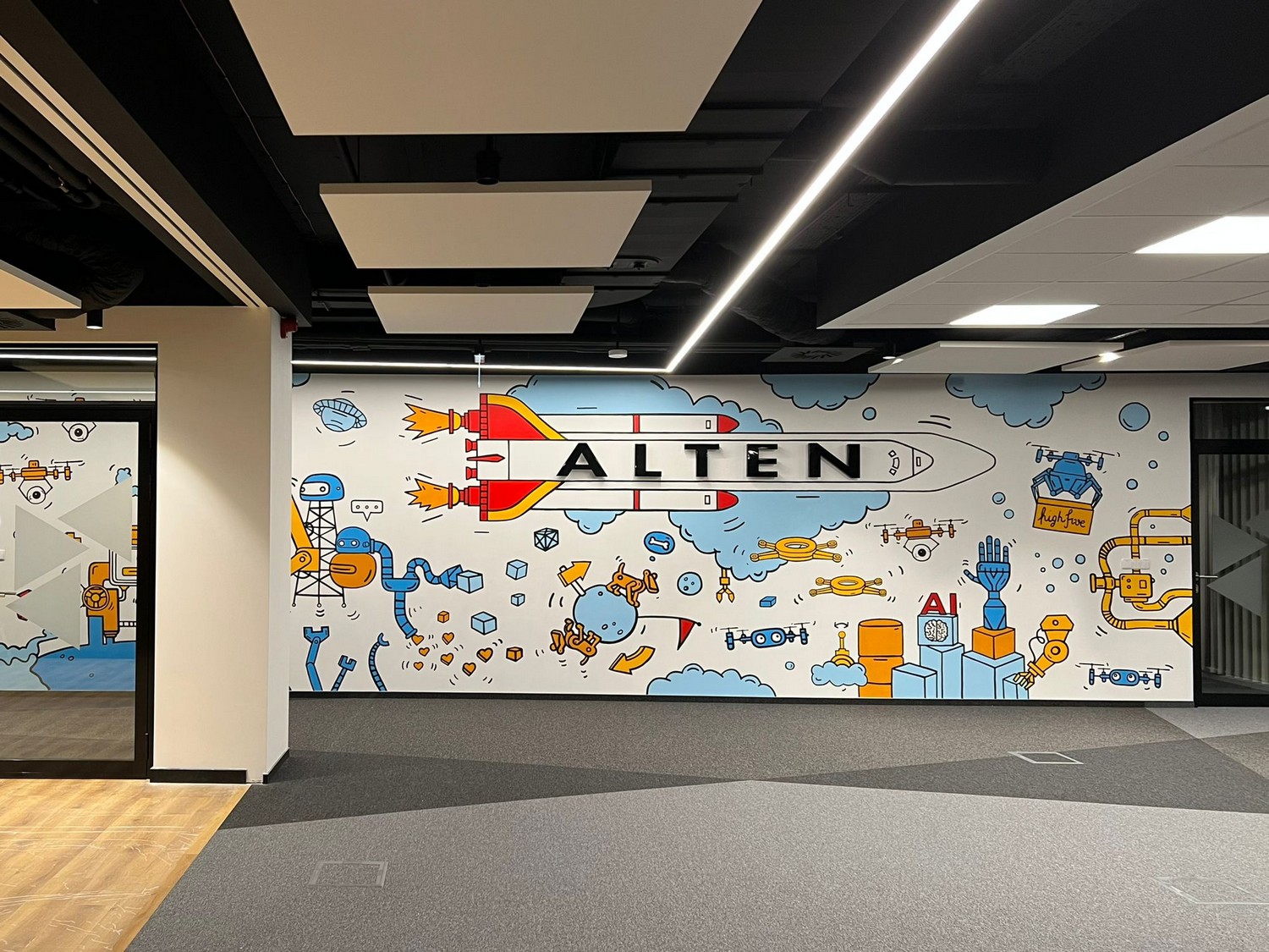 Mural w siedzibie firmy Alten zaprojektowany przez Aleksandrę Sawik do projektu wnętrz pracowni Make It Yours