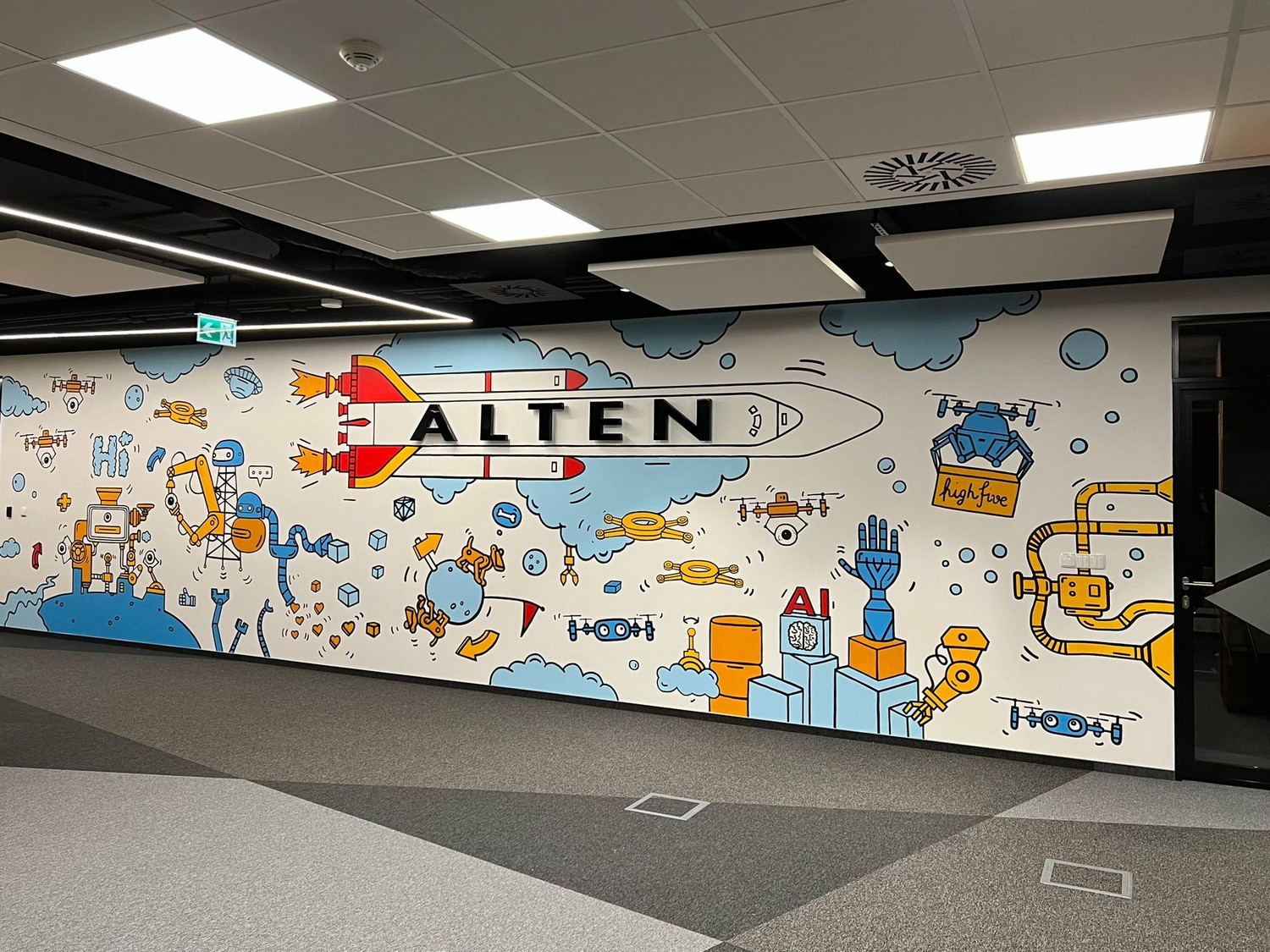 Mural w siedzibie firmy Alten zaprojektowany przez Aleksandrę Sawik do projektu wnętrz pracowni Make It Yours