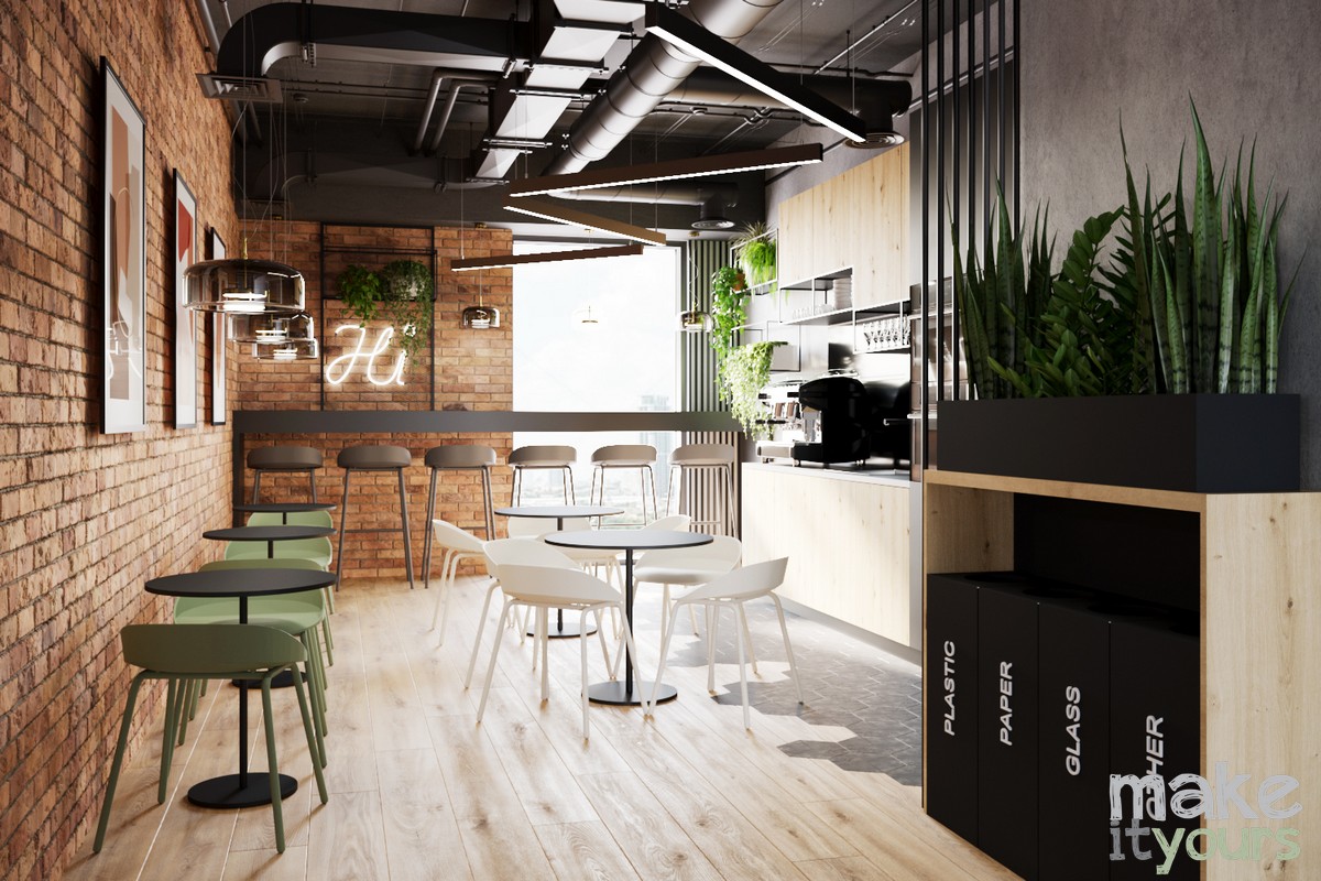 Zdjęcia przedstawiają projekt wnętrz biurowych Flex Coworking Fabryczna Office Park wykonany przez pracownię Make It Yours z Krakowa