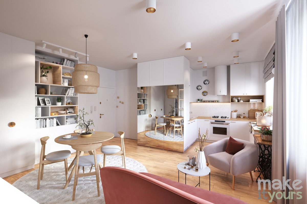 Projekt metamorfozy mieszkania w Krakowie. zdjęcie przedstawia widok na salon z kuchnią