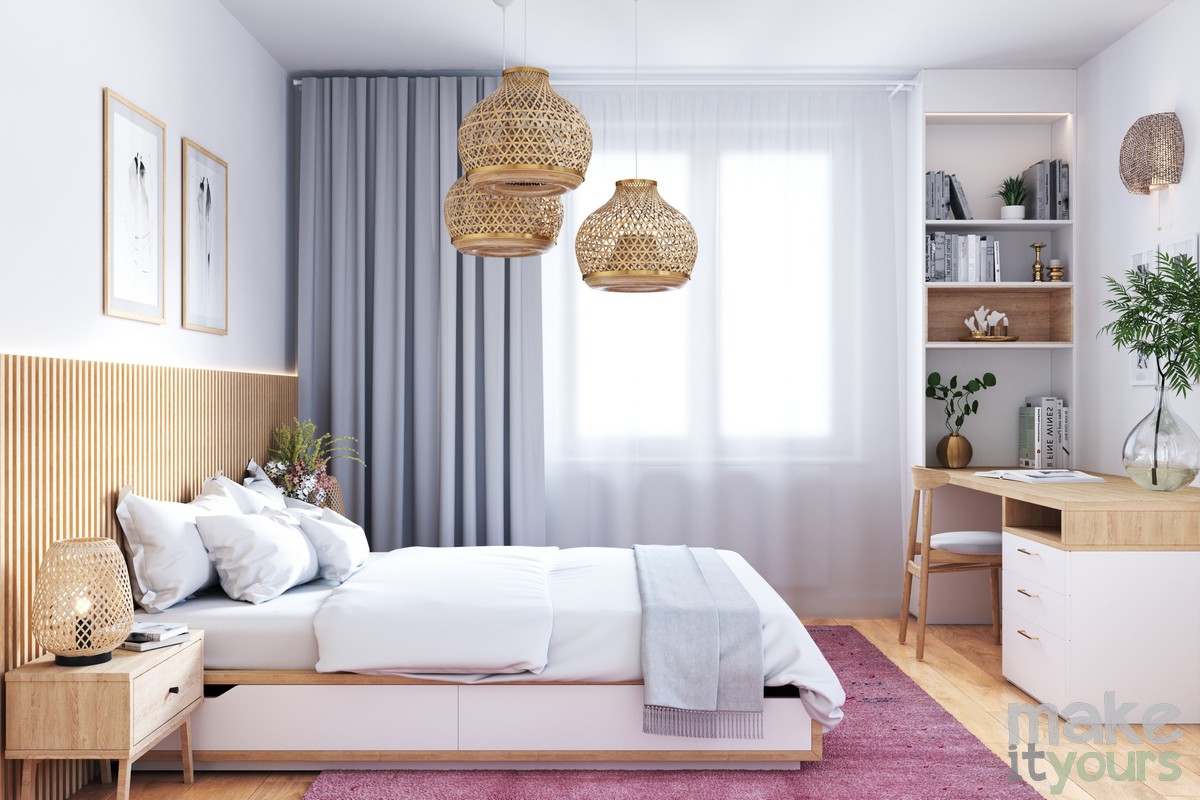 Projekt wnętrz mieszkania w Krakowie. Zdjęcie przedstawia sypialnię