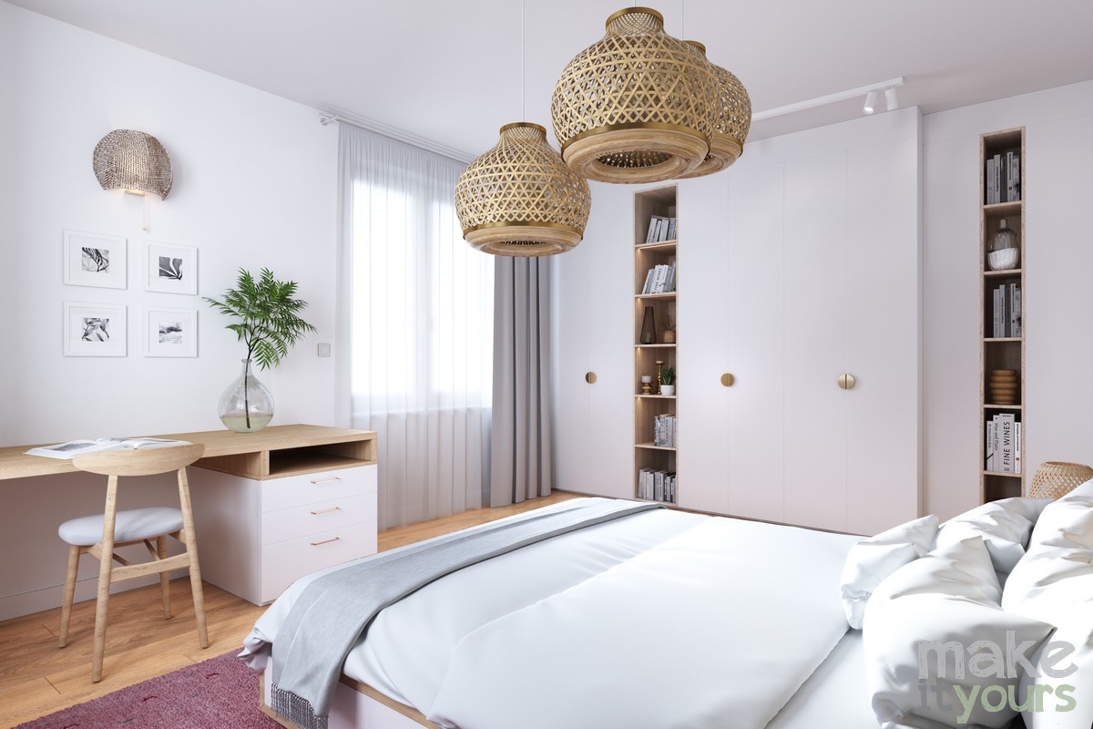 Projekt wnętrz mieszkania w Krakowie. Zdjęcie przedstawia sypialnię z miejscem do pracy przy biurku.